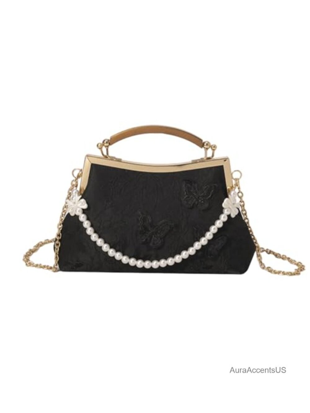 Vintage Evening Bag Butterfly Floral Clutch Purse Pearl Chain